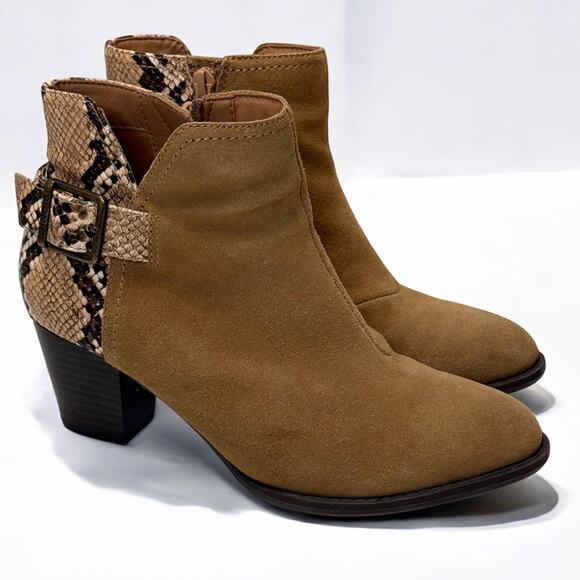 Vionic Naomi Brown Suede Ankle Boots Sz 6 Snake Print Block Heel Zip Up Orthotic - Picture 1 of 11